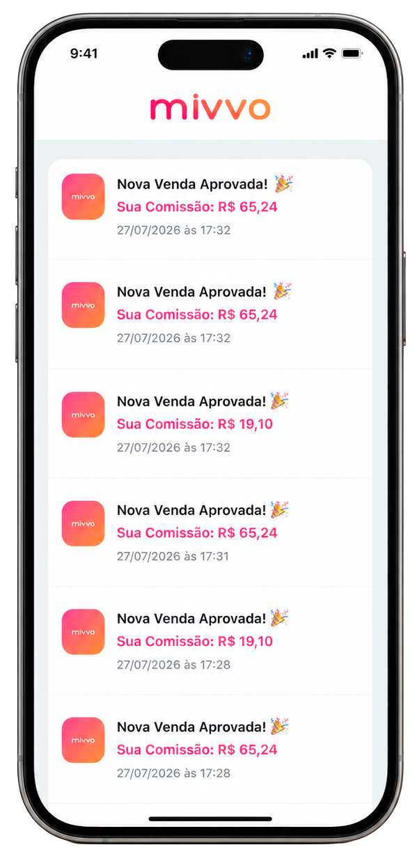 Notificações de vendas aprovadas no celular da Mivvo